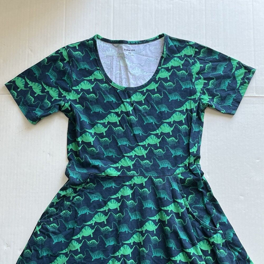Svaha Dress XS Dinosaur Print Stegosaurus 100% Cotton Pullover Pockets STEAM - Picture 2 of 12